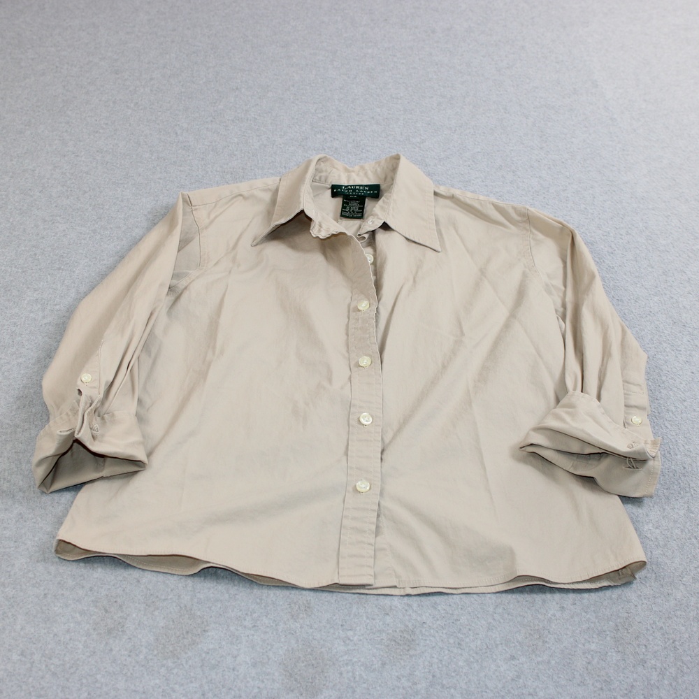 Lauren Ralph Lauren Shirt Women Petite Small Beige Button Stretch Basic Casual